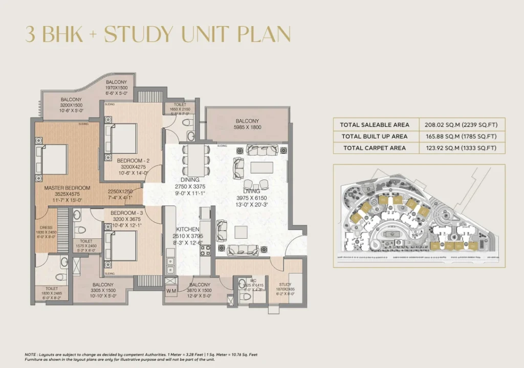 3 BHK + STUDY 2239 SQFT
